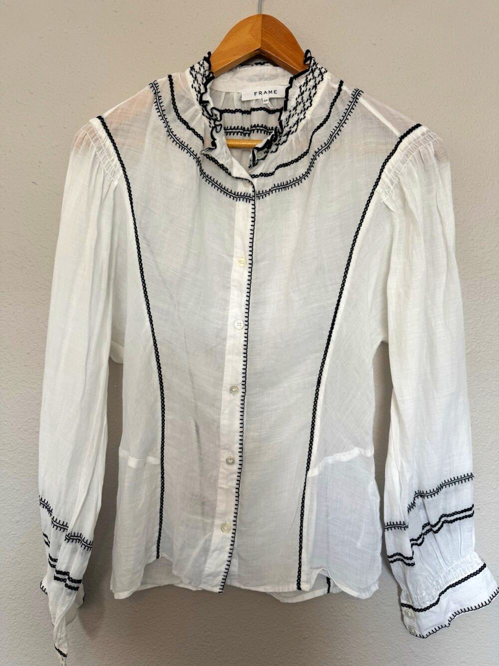 FRAME White Sheer Mock Neck Ruffle Embroidered Button Front Blouse S
